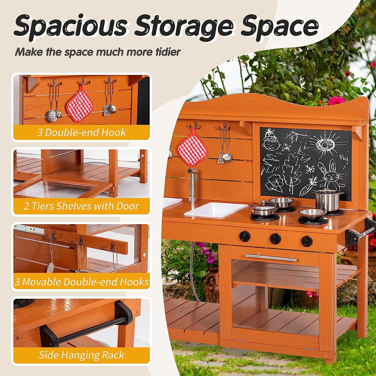 BRINJOY Outdoor Mud Kitchen Playset with Two Removable Sinks and Spray Pipe, Wooden Backyard Pretend Kitchen Includes Blackboard, Stove and Kitchenware, Gift for Toddlers