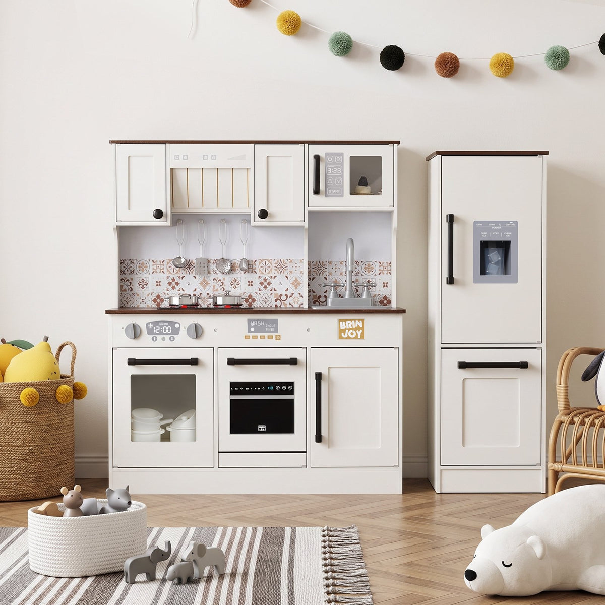 BRINJOY 2 Piece Kids Kitchen Playset with Refrigerator, Lights & Sounds Cooktop, Large Wooden Pretend Play Kitchen Set with Cooking Toy, Microwave, Ice Maker, Gift for Toddlers Boys Girls, White