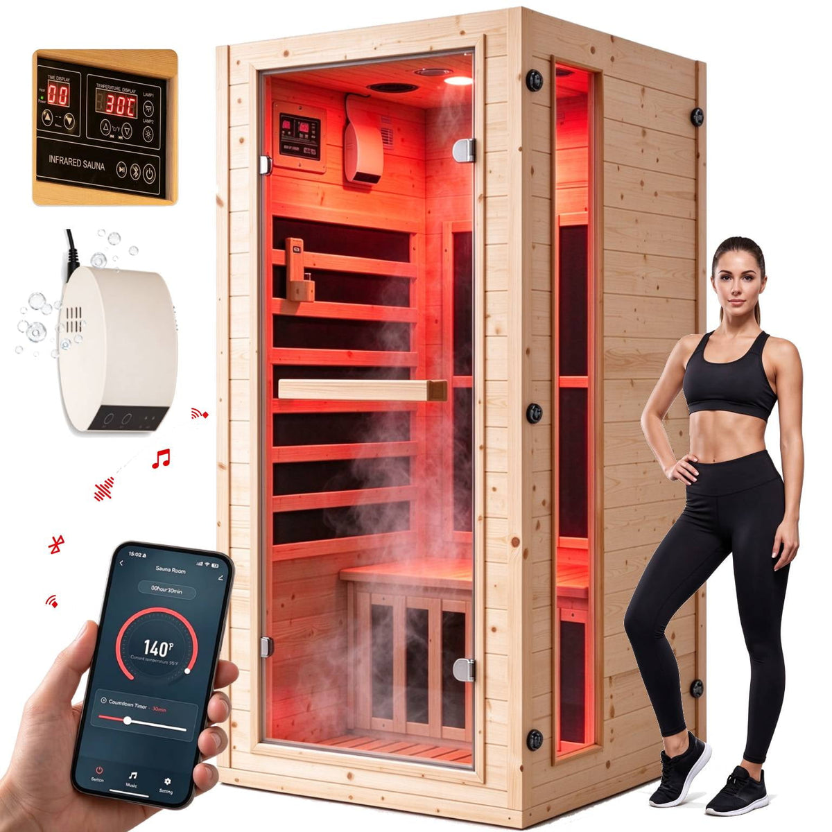 NALONE 1 Person Carbon Infrared Sauna, 1350W, Smart APP Control, 7-Color Chromotherapy, Bluetooth Speaker, Oxygen Ionizer, Finnish Spruce Indoor Home Spa Cabin