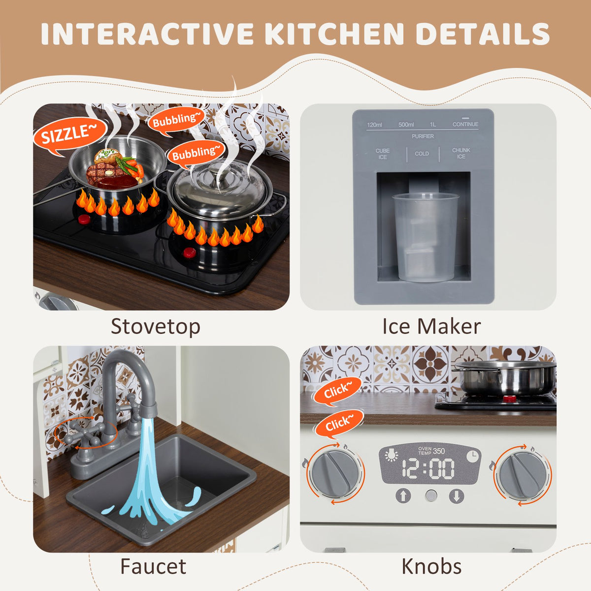 BRINJOY 2 Piece Kids Kitchen Playset with Refrigerator, Lights & Sounds Cooktop, Large Wooden Pretend Play Kitchen Set with Cooking Toy, Microwave, Ice Maker, Gift for Toddlers Boys Girls, White