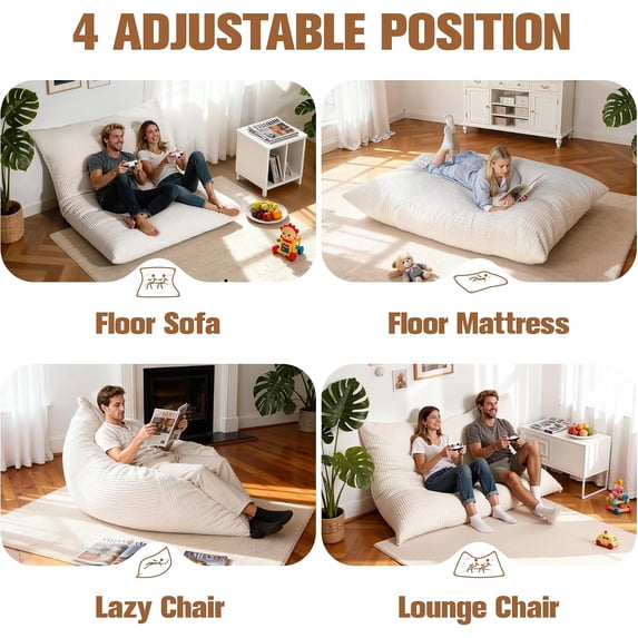 NALONE 4-in-1 Convertible Oversized Bean Bag Chairs for Adults, 6.5 FT Giant Large Memory Foam Bean Bag Chair, Bean Bag Bed & Bean Bag Sofa for Kids, Removable Washable Cover, White, for Living Room