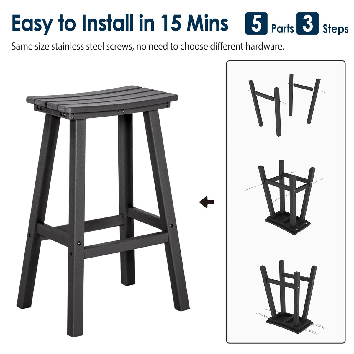 NALONE 29 Inch Outdoor Bar Stools Set of 2, HDPE Bar Chairs, Weather Resistant Barstools Outside Bar Height Stools for Bar, Kitchen Counter, Balcony (Black, 29'' Barstools Set of 2)
