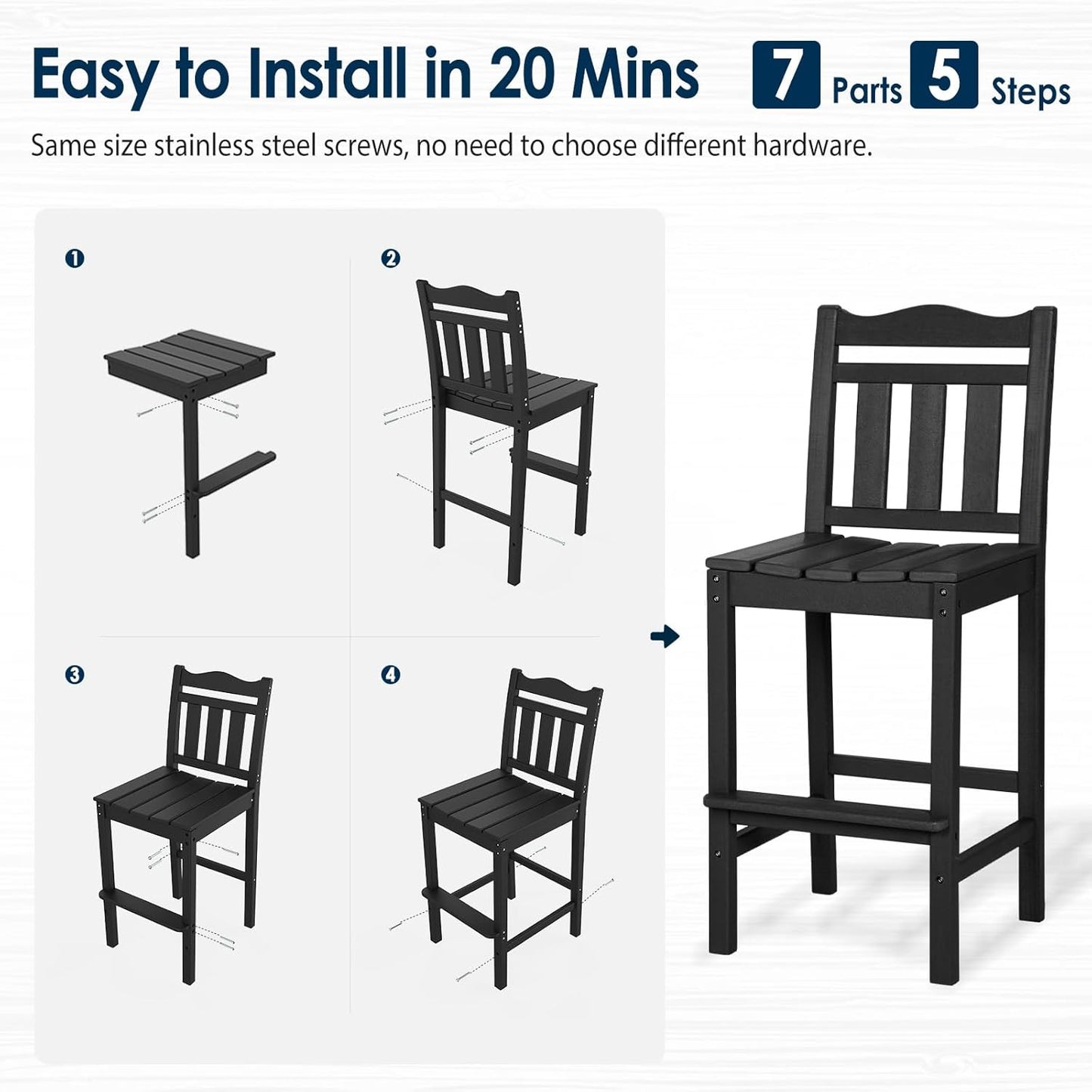 nalone Outdoor Bar Stool, HDPE Tall Adirondack Chair Bar Chair, Weather Resistance Bar Height Chairs for Balcony, Garden, Yard, Backyard
