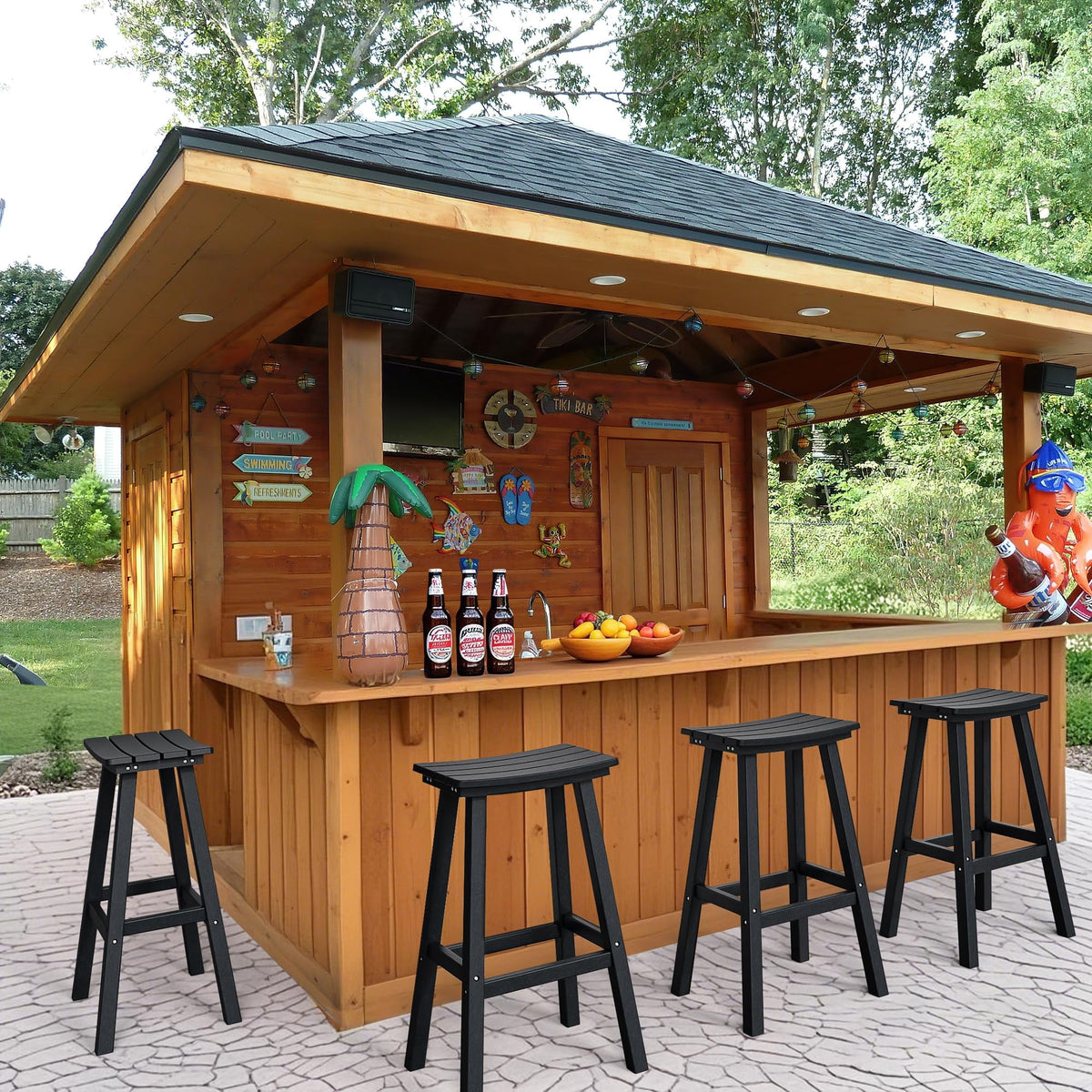 NALONE 29 Inch Outdoor Bar Stools Set of 2, HDPE Bar Chairs, Weather Resistant Barstools Outside Bar Height Stools for Bar, Kitchen Counter, Balcony (Black, 29'' Barstools Set of 2)