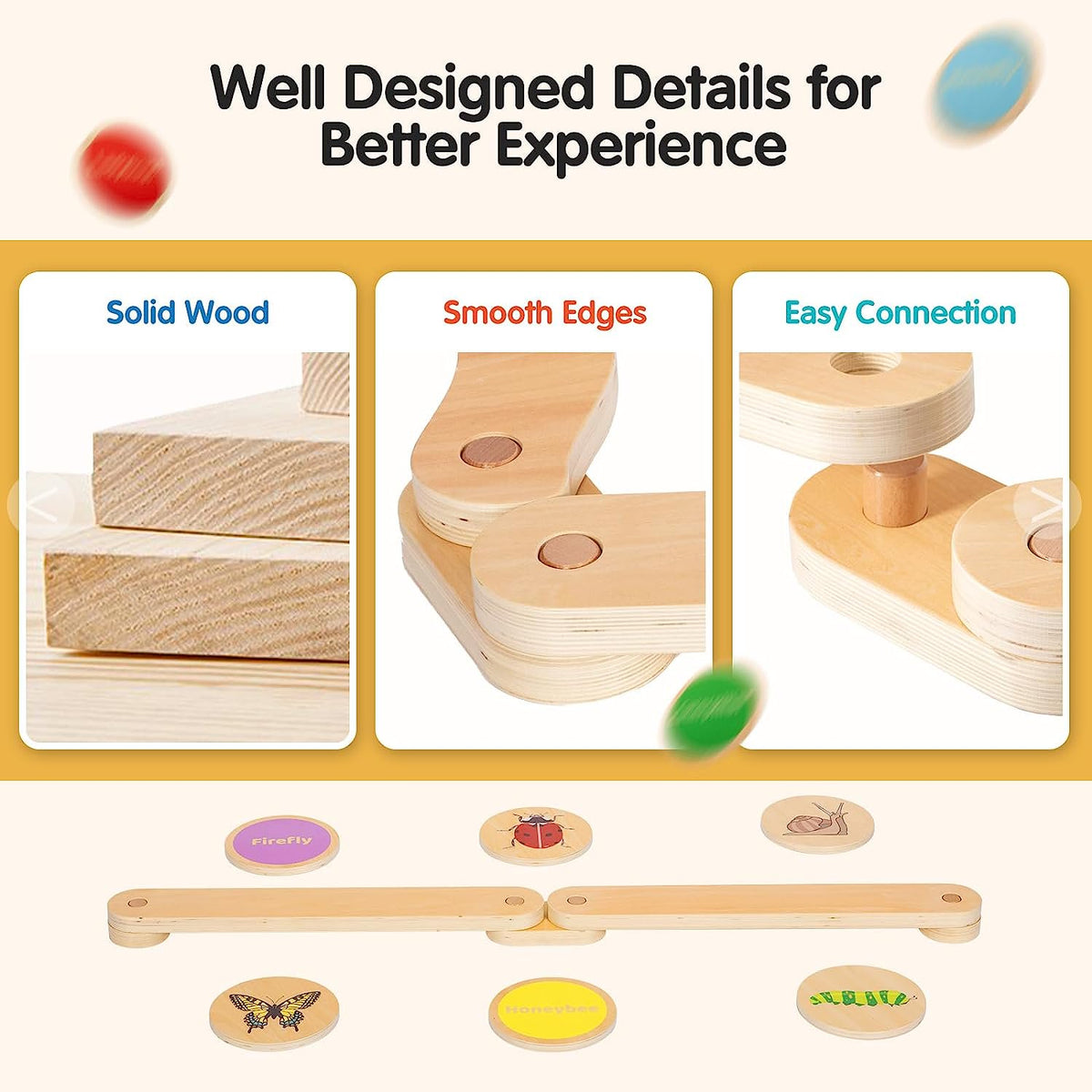 BRINJOY Wooden Balance Beam & Stepping Stones for Kids, 12 PCS Toddlers Gymnastics&nbsp;Toys Outdoor Obstacle Course Balance Board w/Storage Bag, Indoor Montessori Furniture for Nursery Playroom Gift