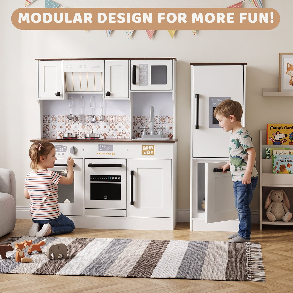 BRINJOY 2 Piece Kids Kitchen Playset with Refrigerator, Lights & Sounds Cooktop, Large Wooden Pretend Play Kitchen Set with Cooking Toy, Microwave, Ice Maker, Gift for Toddlers Boys Girls, White
