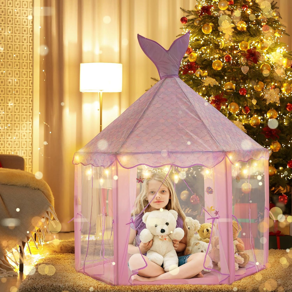 BRINJOY Mermaid Princess Tent for Girls, Large Kids Playhouse Castle with String Lights, Carry Bag & Stickers, Indoor Outdoor Pretend Play Tent Gift for Toddler Age 3+