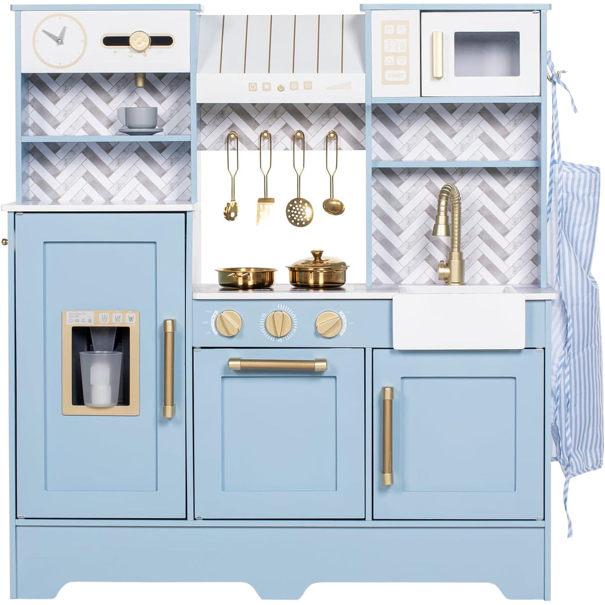 BRINJOY Wooden Play Kitchen for Toddlers, Kids Pretend Toy Kitchen Playset, Toddler Kitchen Set with Coffee Maker, Oven, Stove, Sink, Apron & Cookware, Play Kitchen for Kids Ages 3+, Blue