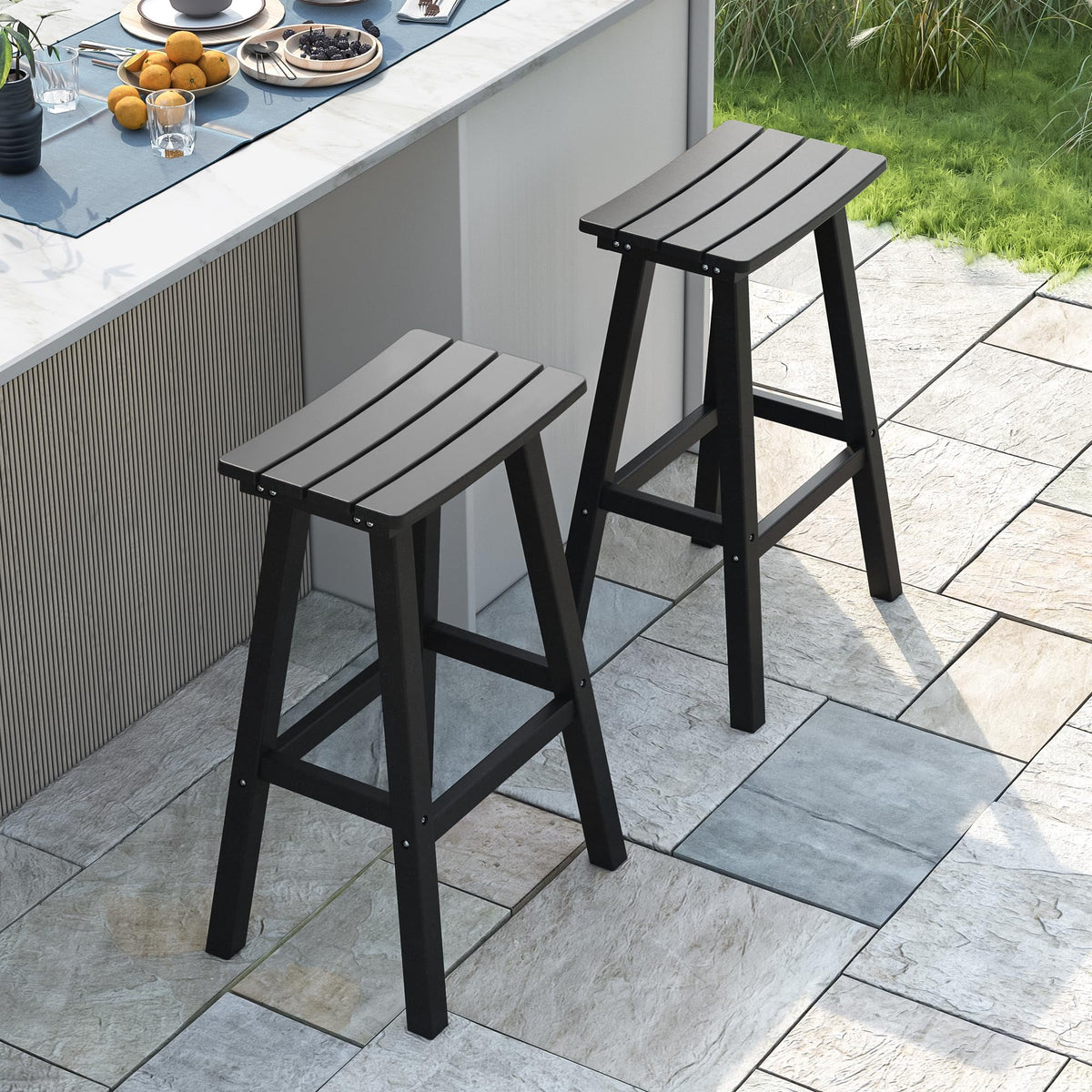 NALONE 29 Inch Outdoor Bar Stools Set of 2, HDPE Bar Chairs, Weather Resistant Barstools Outside Bar Height Stools for Bar, Kitchen Counter, Balcony (Black, 29'' Barstools Set of 2)