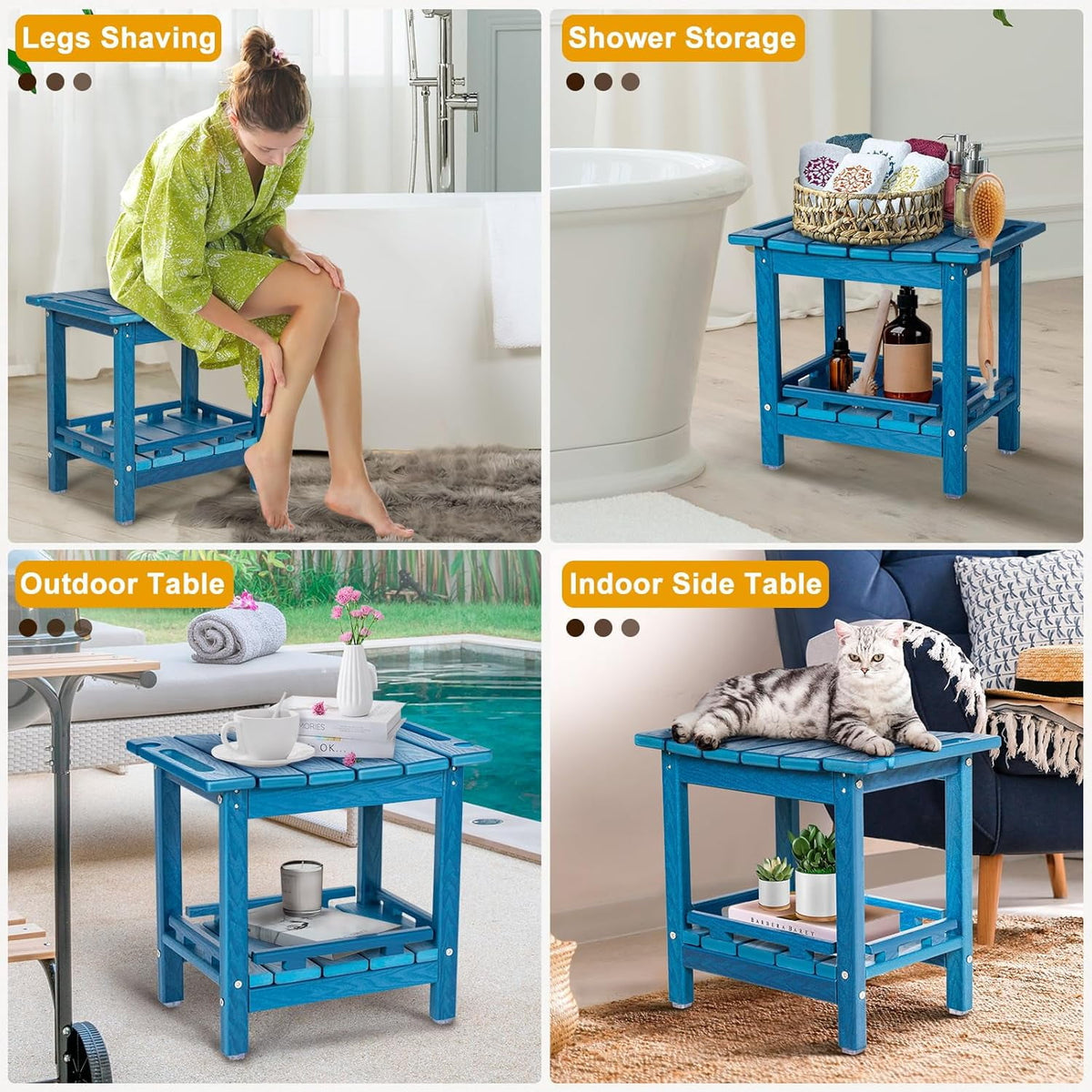 Nalone HDPE Shower Bench, Waterproof Shower Stool with Storage Shelf & Handles, Heavy Duty Shower Seat for Inside Shower, Shower Foot Rest for Shaving Legs, Indoor & Outdoor Bathroom Bench,Blue