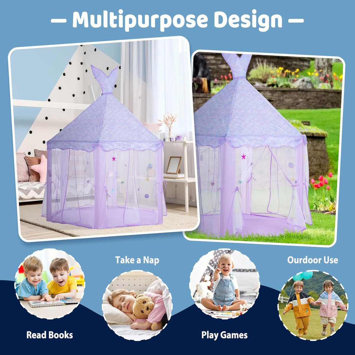 BRINJOY Mermaid Princess Tent for Girls, Large Kids Playhouse Castle with String Lights, Carry Bag & Stickers, Indoor Outdoor Pretend Play Tent Gift for Toddler Age 3+