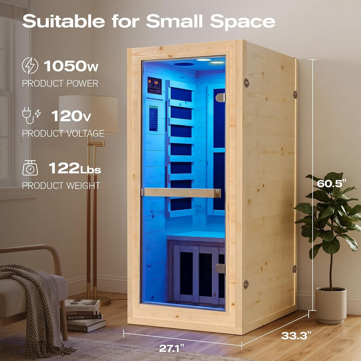 NALONE 1-Person Carbon Infrared Sauna, 1050W, Indoor Room Home Spa, Smart Wifi App Control, 7-Color Chromotherapy, Bluetooth Speaker