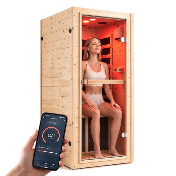NALONE 1-Person Carbon Infrared Sauna, 1050W, Indoor Room Home Spa, Smart Wifi App Control, 7-Color Chromotherapy, Bluetooth Speaker