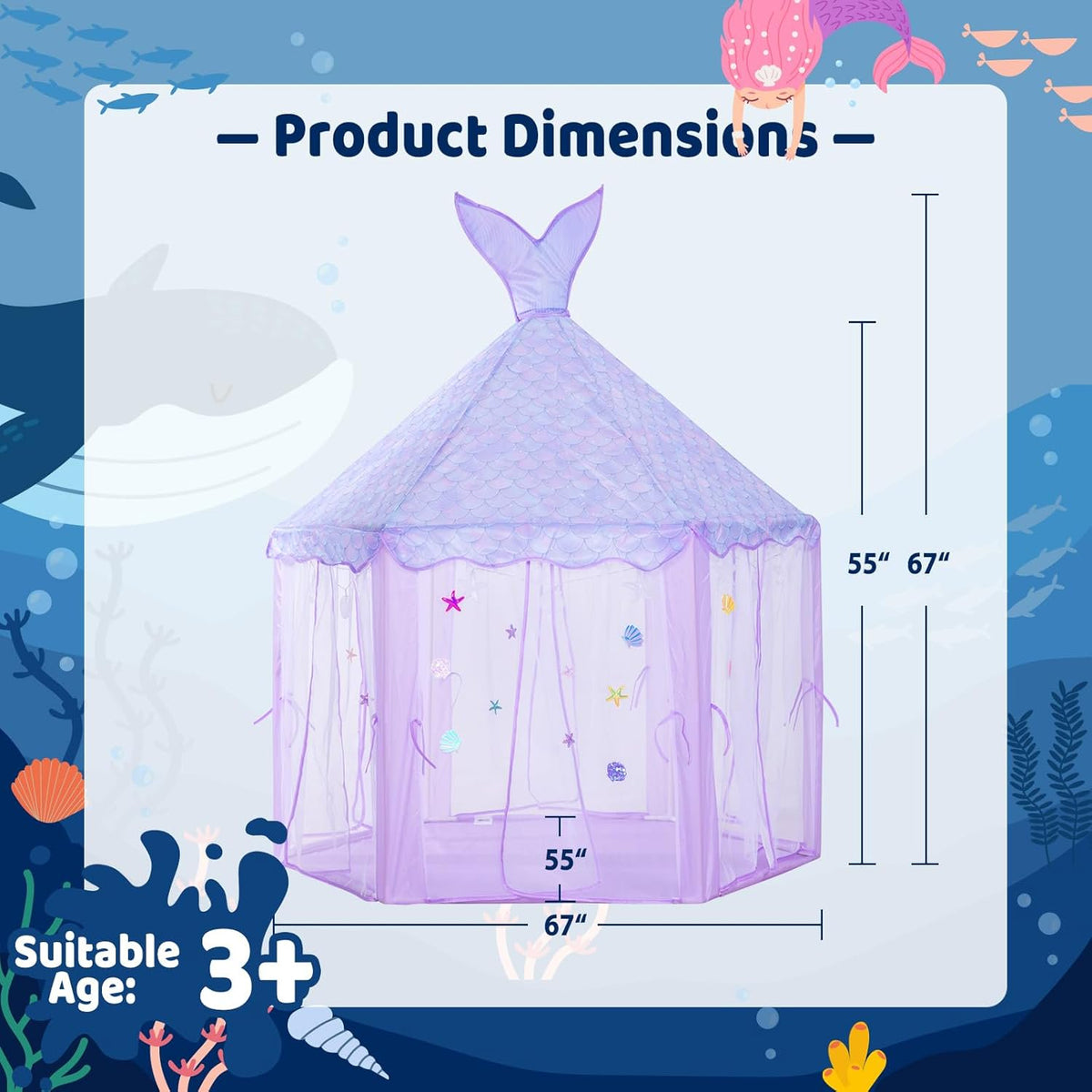 BRINJOY Mermaid Princess Tent for Girls, Large Kids Playhouse Castle with String Lights, Carry Bag & Stickers, Indoor Outdoor Pretend Play Tent Gift for Toddler Age 3+