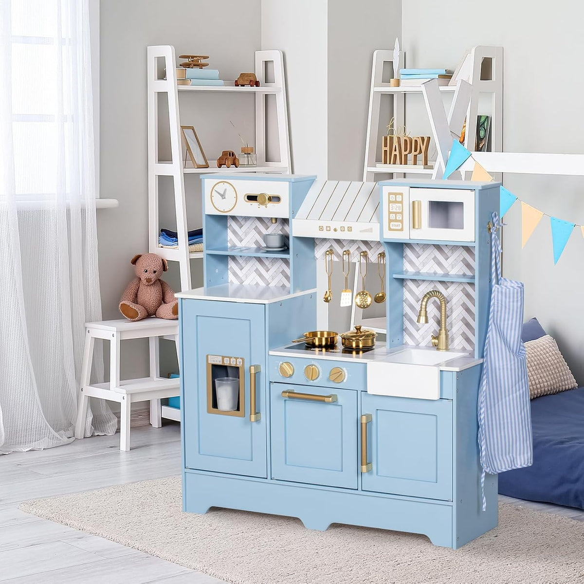 BRINJOY Wooden Play Kitchen for Toddlers, Kids Pretend Toy Kitchen Playset, Toddler Kitchen Set with Coffee Maker, Oven, Stove, Sink, Apron & Cookware, Play Kitchen for Kids Ages 3+, Blue