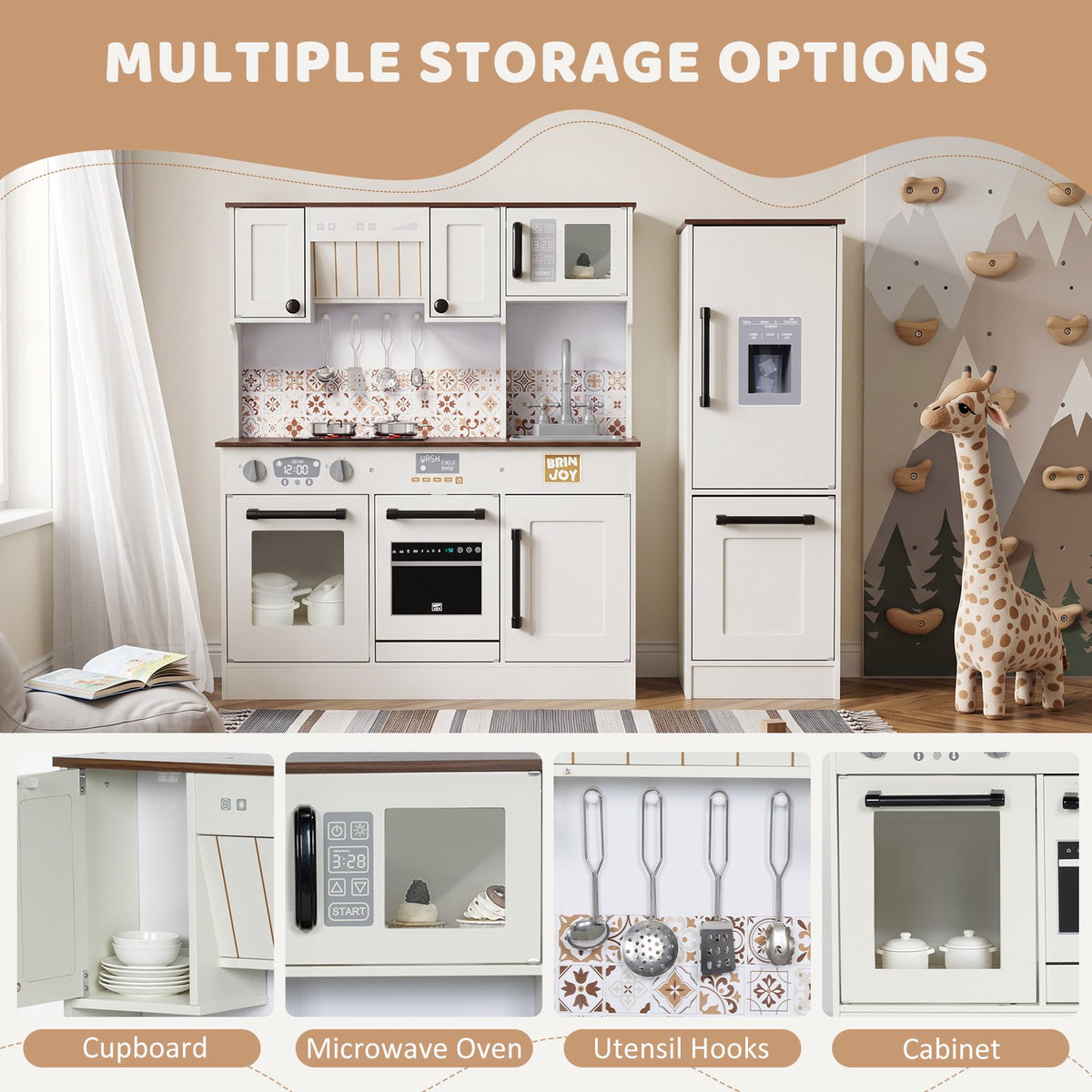 BRINJOY 2 Piece Kids Kitchen Playset with Refrigerator, Lights & Sounds Cooktop, Large Wooden Pretend Play Kitchen Set with Cooking Toy, Microwave, Ice Maker, Gift for Toddlers Boys Girls, White