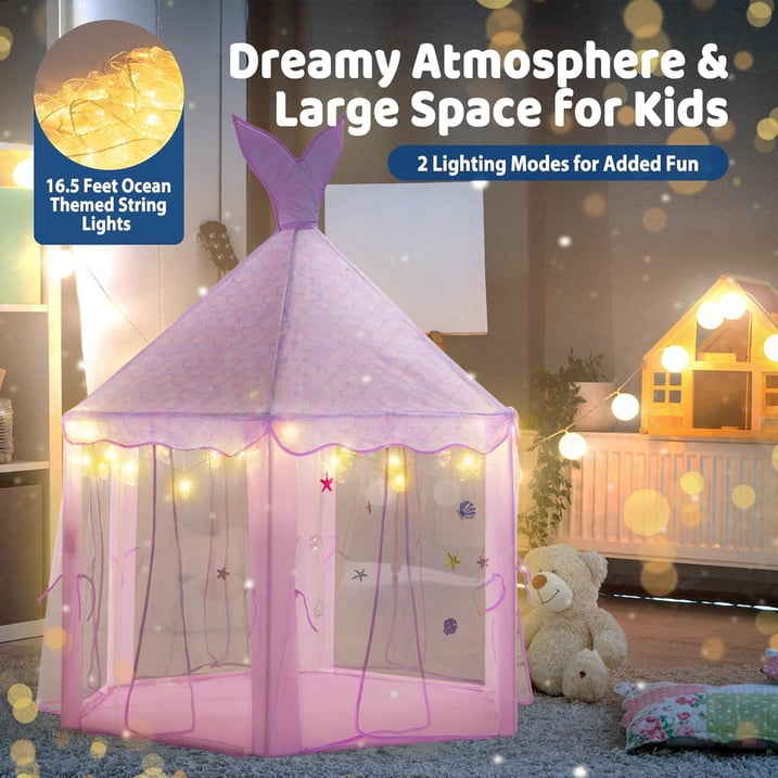 BRINJOY Mermaid Princess Tent for Girls, Large Kids Playhouse Castle with String Lights, Carry Bag & Stickers, Indoor Outdoor Pretend Play Tent Gift for Toddler Age 3+