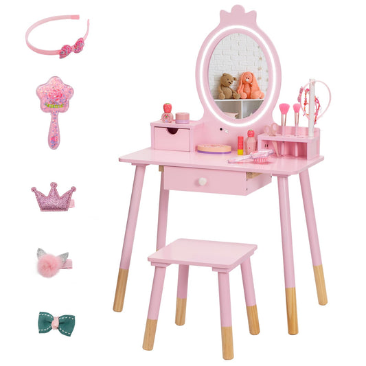 BRINJOY Kids Vanity Set with Mirror, Wooden Make Up Beauty&nbsp;Dressing Table with Lights & Stool & Jewelry Rack & Storage Board, Children Princess Vanity Table Pretend Playset for Girls