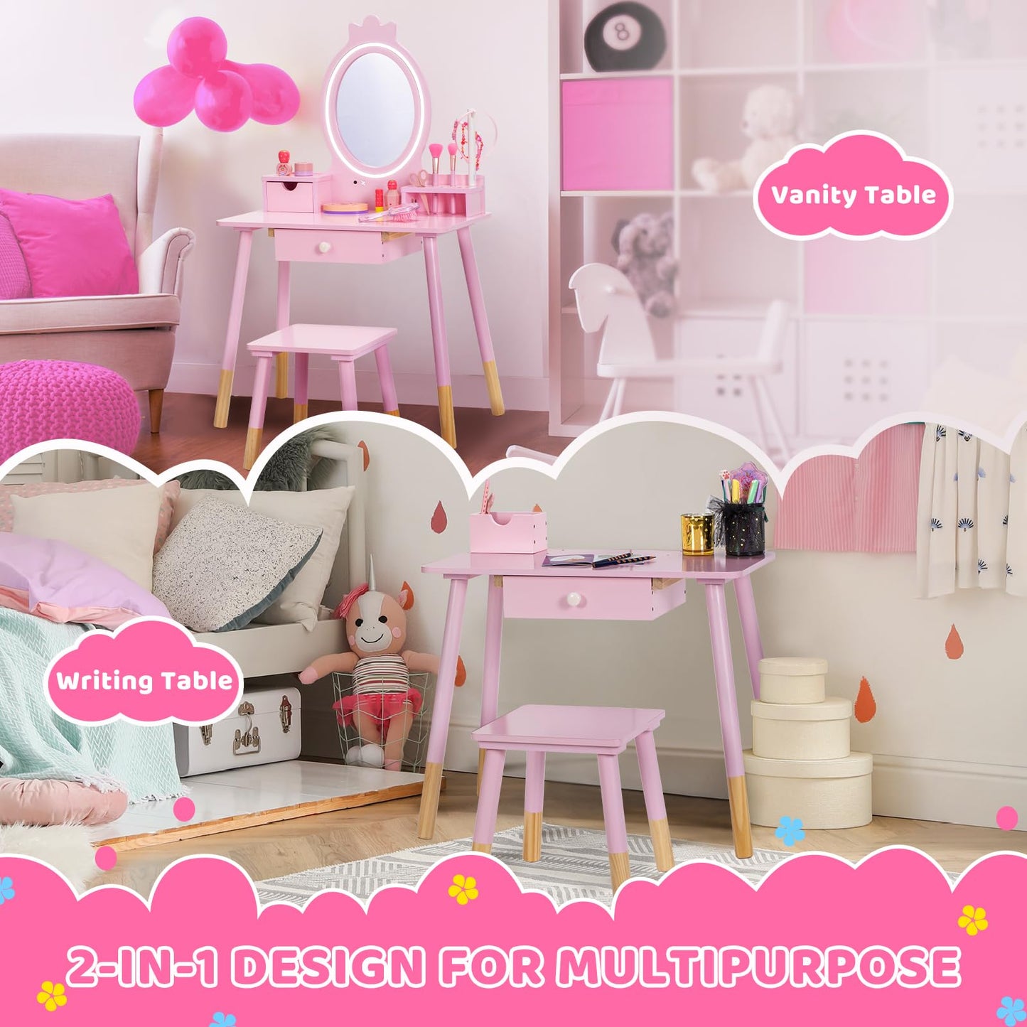 BRINJOY Kids Vanity Set with Mirror, Wooden Make Up Beauty&nbsp;Dressing Table with Lights & Stool & Jewelry Rack & Storage Board, Children Princess Vanity Table Pretend Playset for Girls