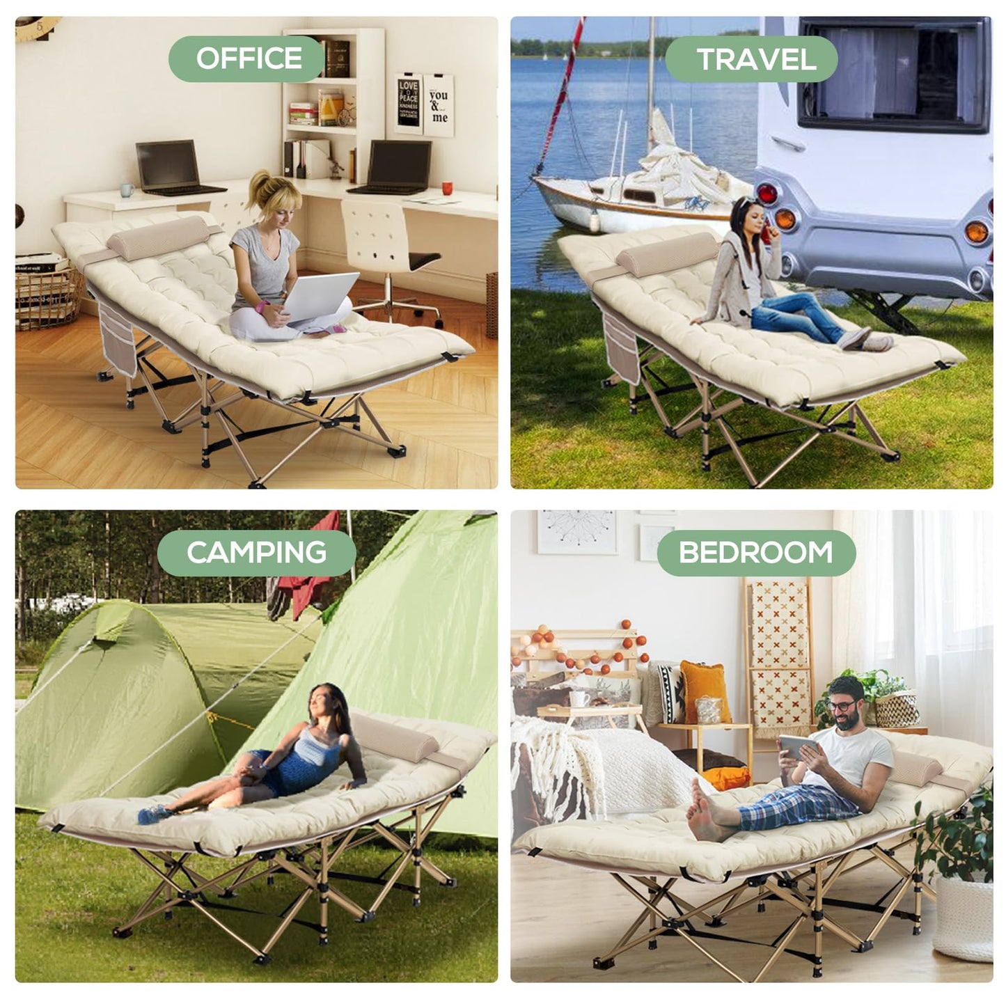 Nalone 2Pcs Camping Cots for Adults with 3.5 Inch Extra Thick Mattress, Cots for Sleeping 900 LBS, Folding Cot with Mattress, Heavy Duty Sleeping Cots Camping Bed for Home Office Outdoor Cream