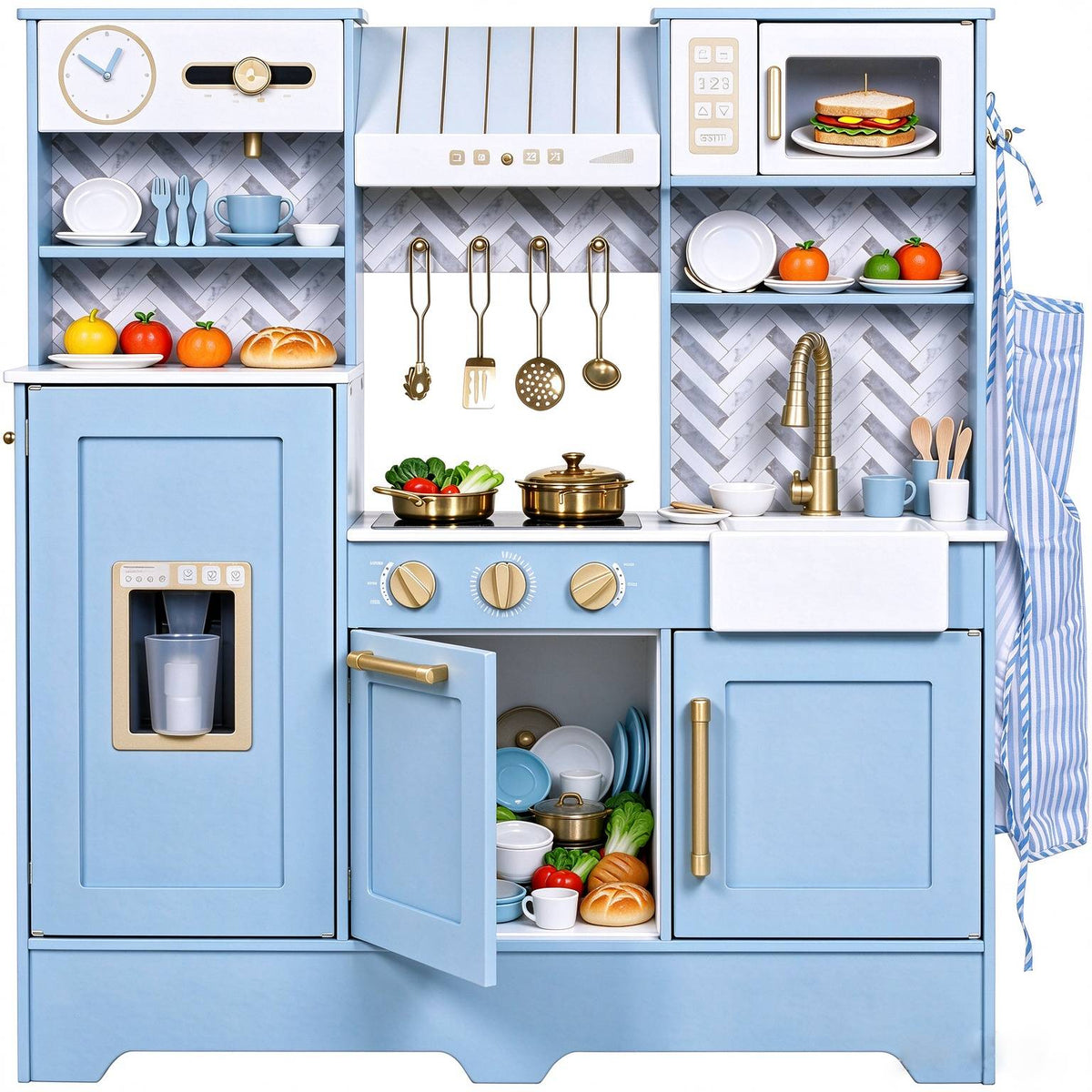 BRINJOY Wooden Play Kitchen for Toddlers, Kids Pretend Toy Kitchen Playset, Toddler Kitchen Set with Coffee Maker, Oven, Stove, Sink, Apron & Cookware, Play Kitchen for Kids Ages 3+, Blue